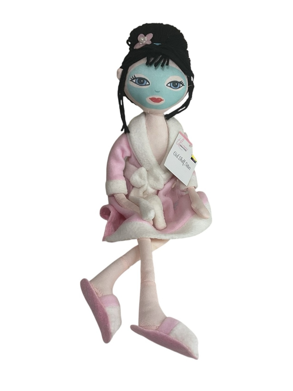 Spa Girl Shelf Sitter Plush Doll Pink Bathrobe Slippers Blue Face Decor NWT